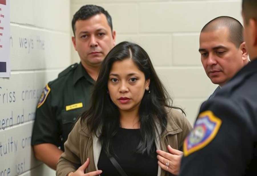 Woman being taken into custody by immigration law enforcement needing legal help in Spanish.